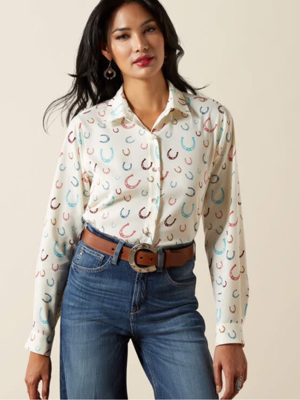 Ariat Western Horseshoe Print Cream Ivory Button Down Blouse Top Large
